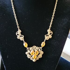 Art Nouveau Floral Brass Marcasite Yellow Uranium Glass Necklace 16 In Delicate